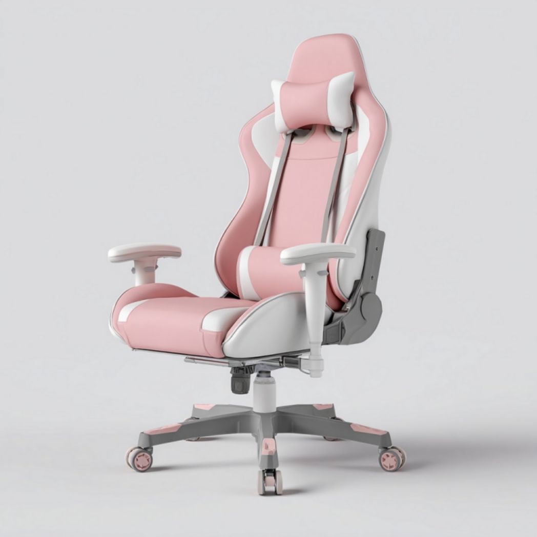 Chaise de bureau gaming ergonomique rose et blanche avec accoudoirs réglables