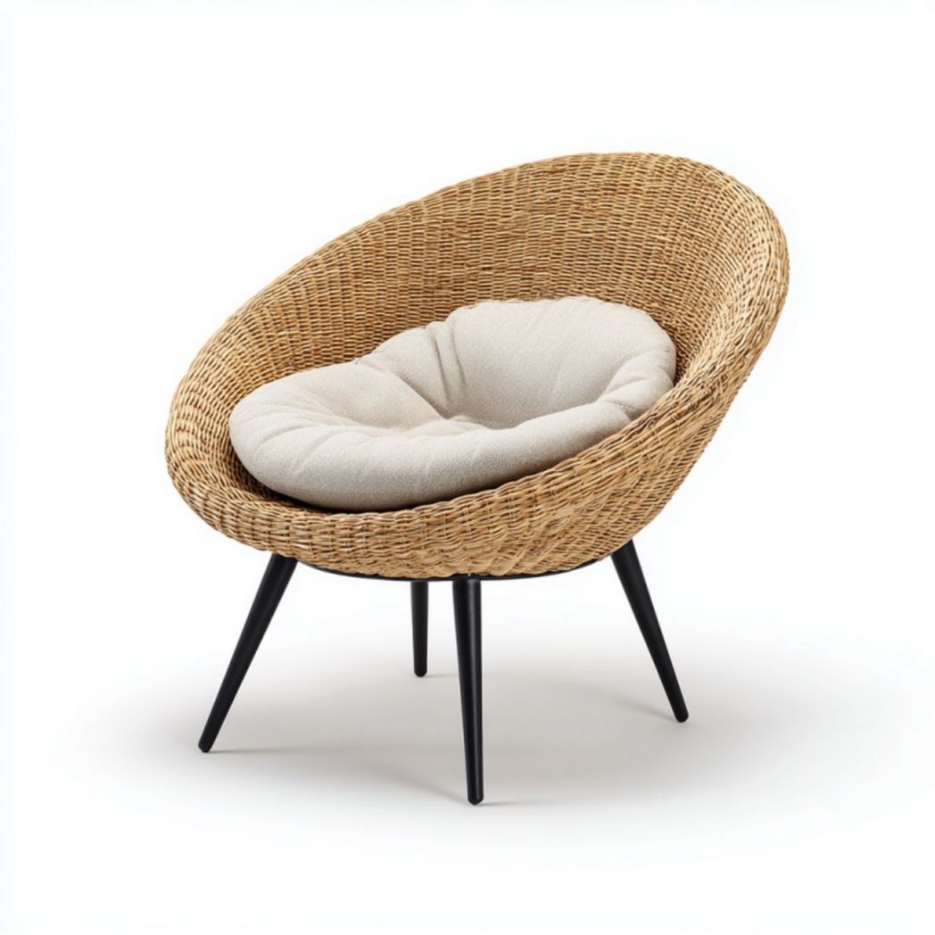Fauteuil rond en rotin avec pieds en métal noir et coussin beige