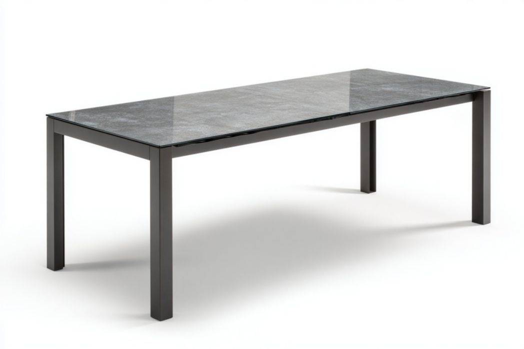 Table de jardin rectangulaire en acier et plateau en verre trempé gris