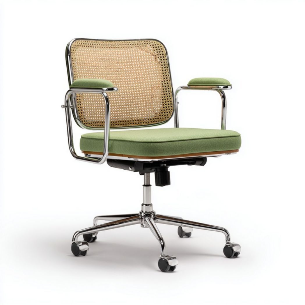 Fauteuil de bureau pivotant avec dossier en rotin – assise et accoudoirs verts – hauteur réglable
