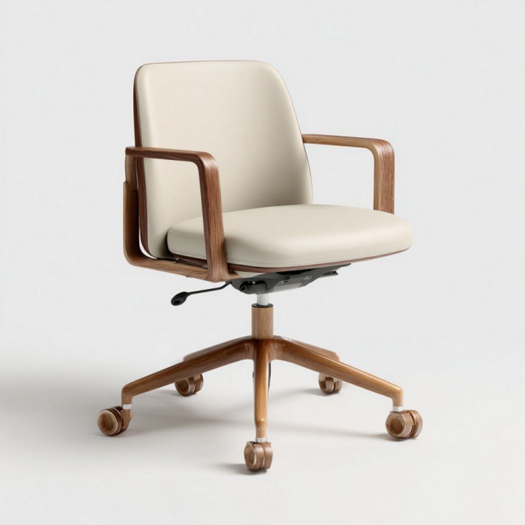 Chaise de bureau en cuir beige avec accoudoirs et base en bois – hauteur réglable