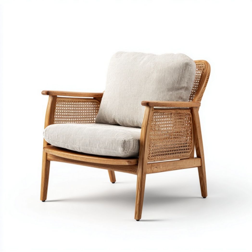 Fauteuil en bois et rotin avec coussins en tissu gris clair