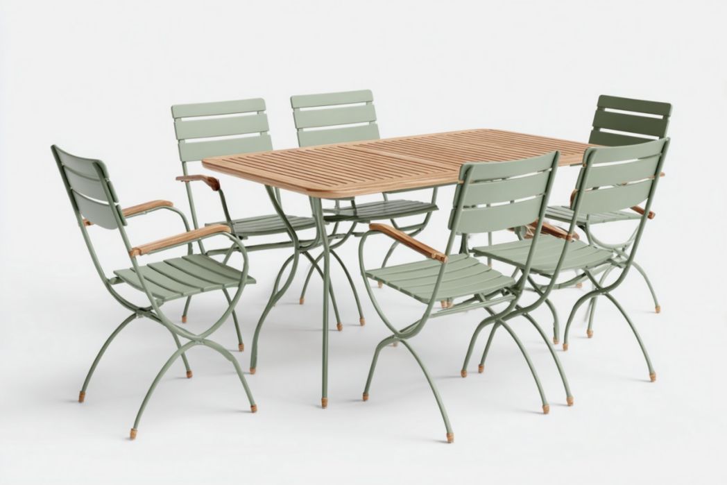 Ensemble de salle à manger de jardin en métal et bois – 1 table et 6 chaises