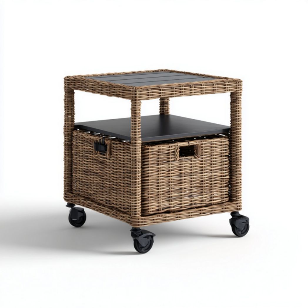 Chariot de jardin en rotin avec tiroir de rangement