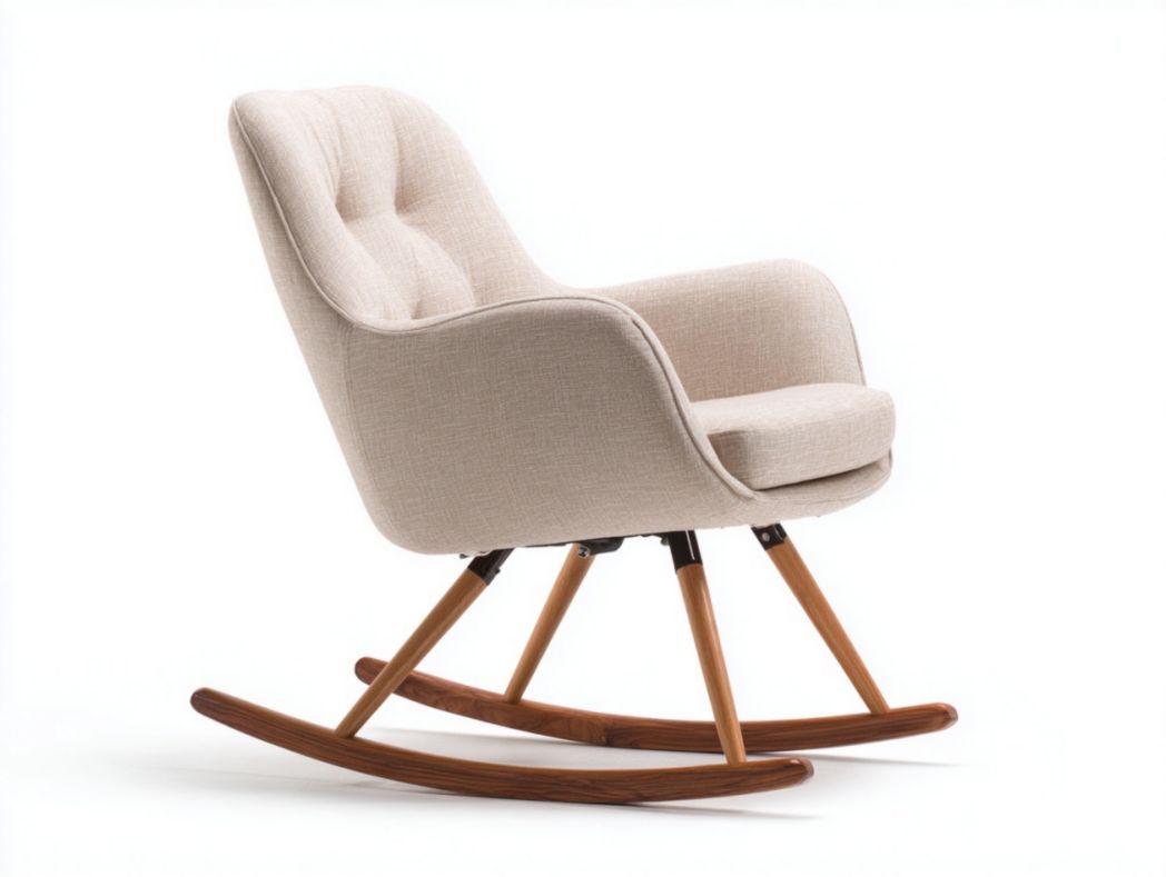 Fauteuil à bascule en tissu beige avec base en bois