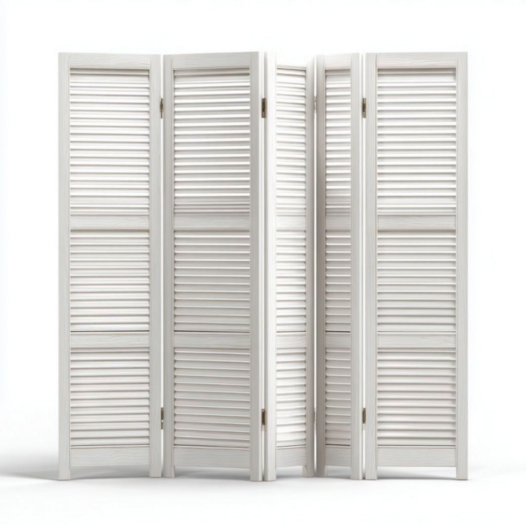 Paravent 5 panneaux en bois style persiennes, coloris blanc