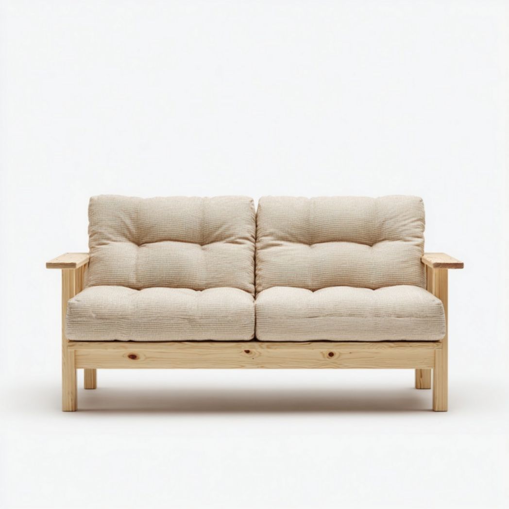 Canapé 2 places en bois massif et tissu beige