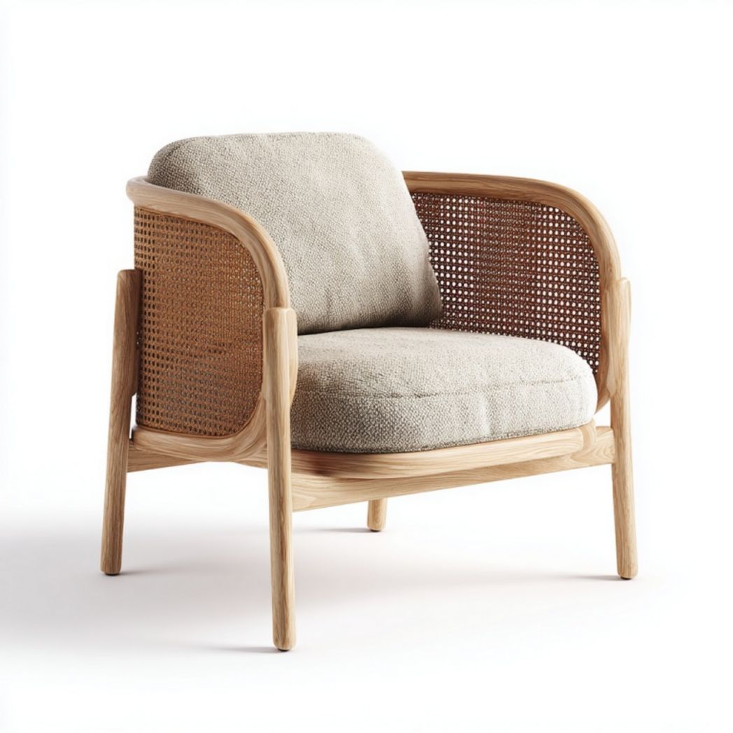 Fauteuil en bois et rotin avec coussins en tissu