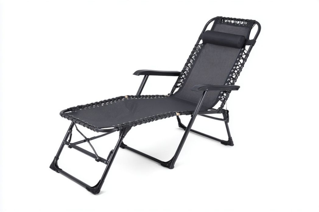 Chaise longue pliante noire en acier et toile respirante