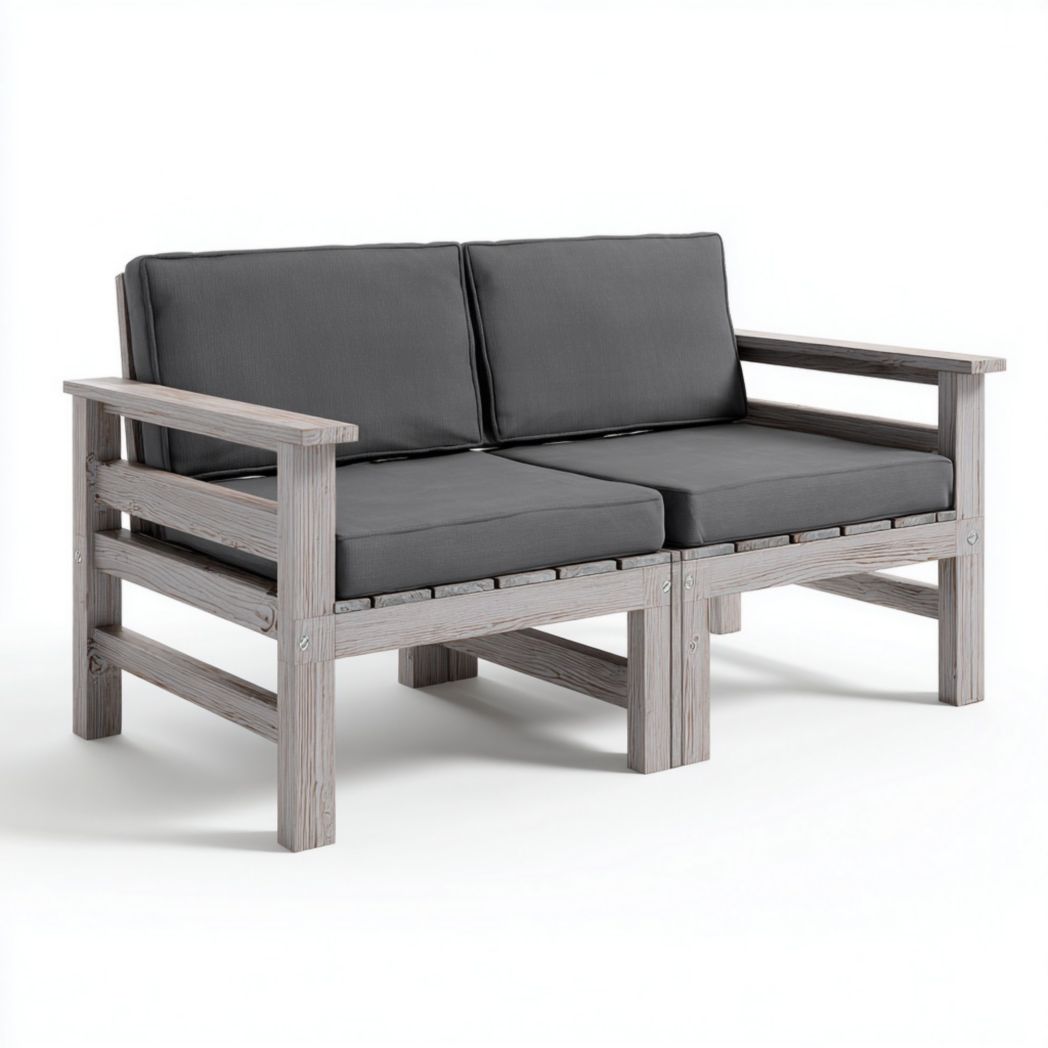 Canapé de jardin 2 places en bois avec coussins gris