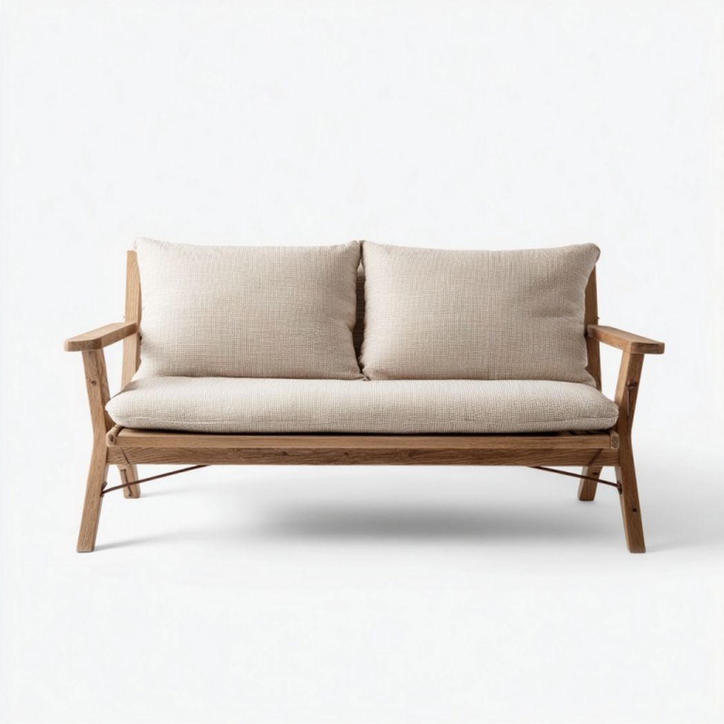 Canapé 2 places en bois massif avec coussins en tissu beige