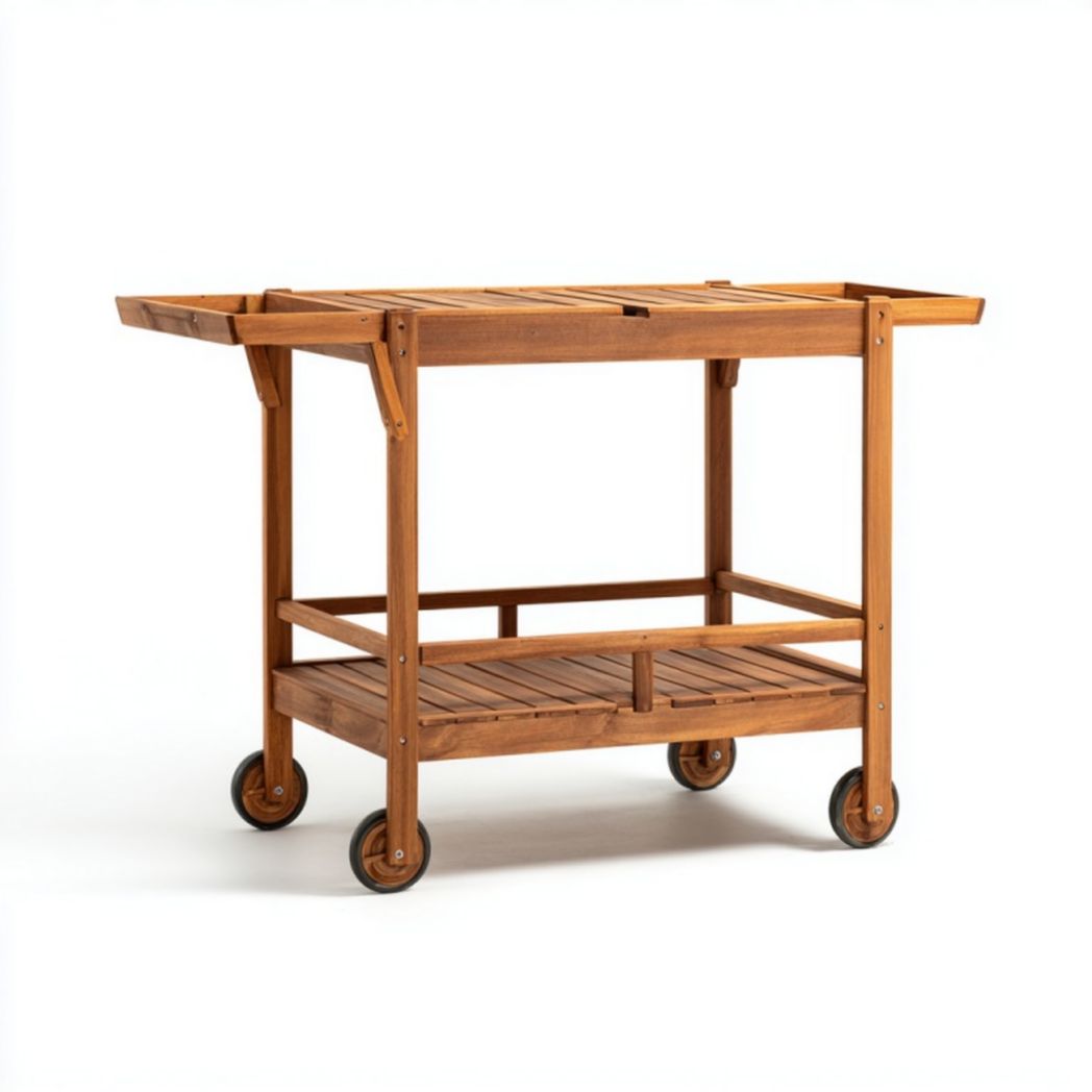 Chariot de jardin en bois à deux niveaux avec plateaux pliants