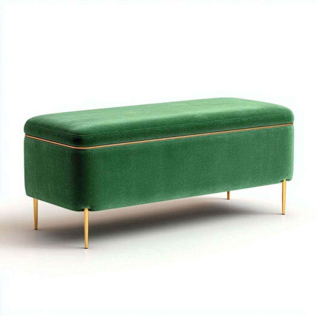 Banc en velours vert avec pieds métalliques