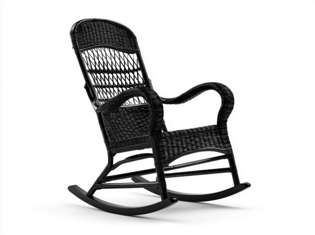 Fauteuil à bascule en rotin tressé noir – accoudoirs courbes et patins stables