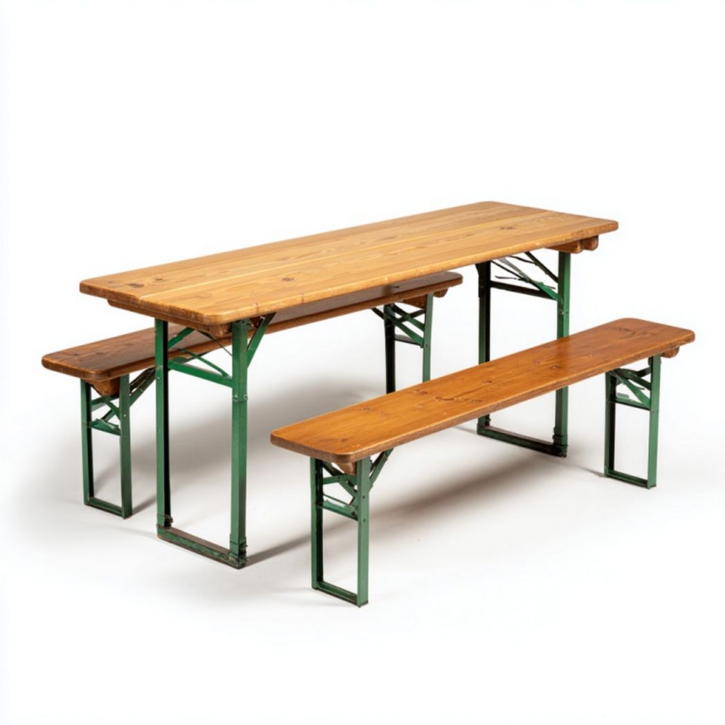 Ensemble table de jardin pliante en bois avec deux bancs