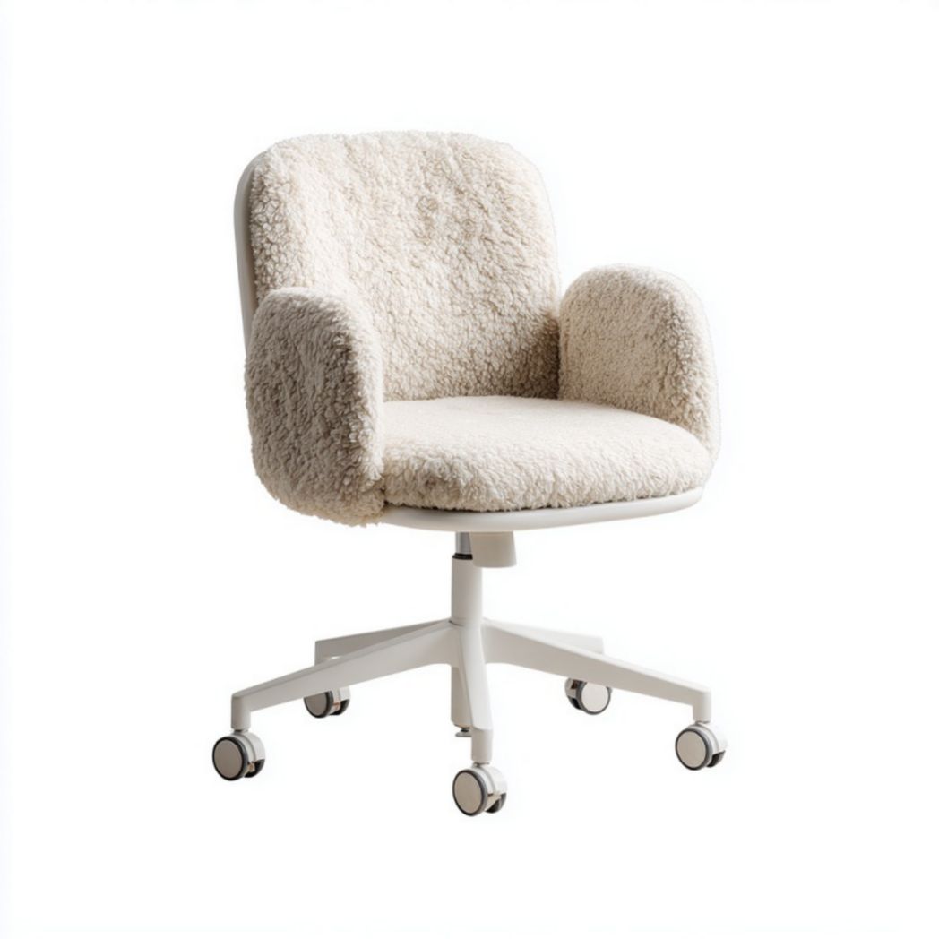 Fauteuil de bureau pivotant en tissu effet peau de mouton blanc cassé – accoudoirs et hauteur réglable – base blanche