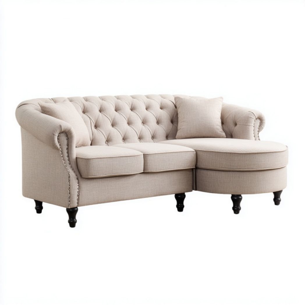 Canapé d’angle en tissu beige avec accoudoirs roulés