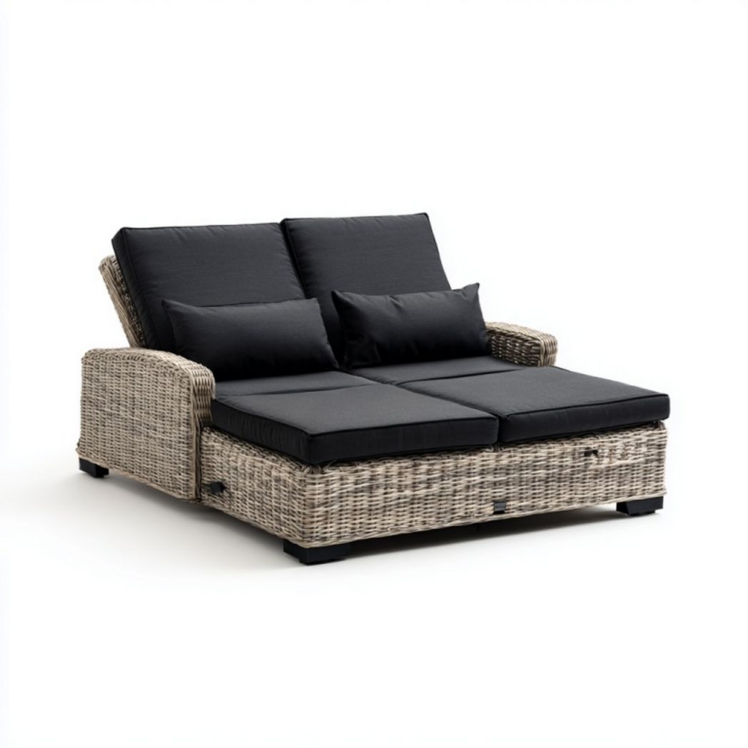 Chaise longue double en résine tressée avec coussins