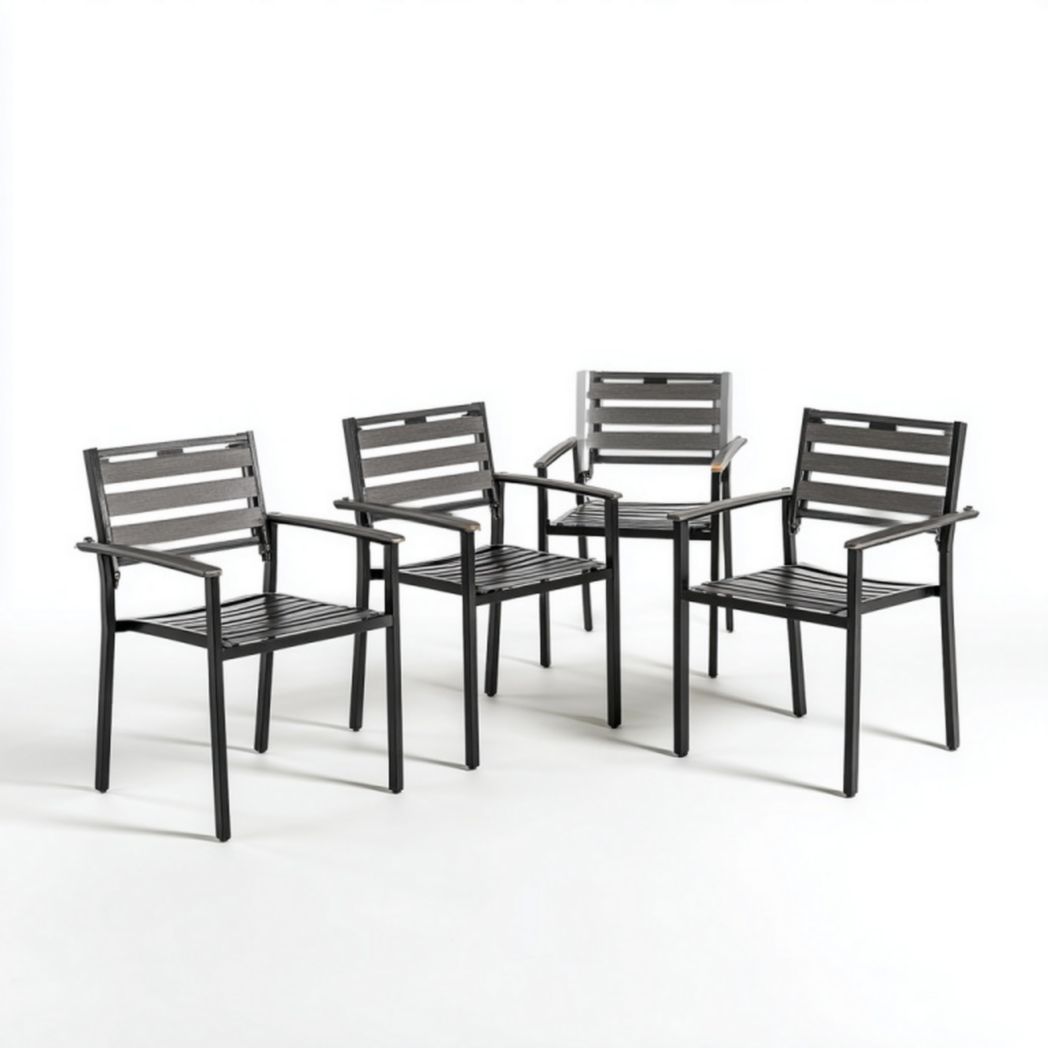 Lot de 4 chaises de jardin avec accoudoirs – Structure métallique noire et lattes gris foncé