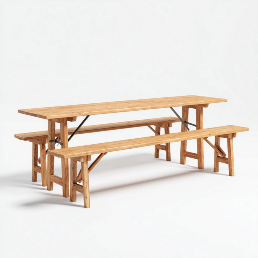 Ensemble table et bancs de jardin en bois massif (1 table + 2 bancs)
