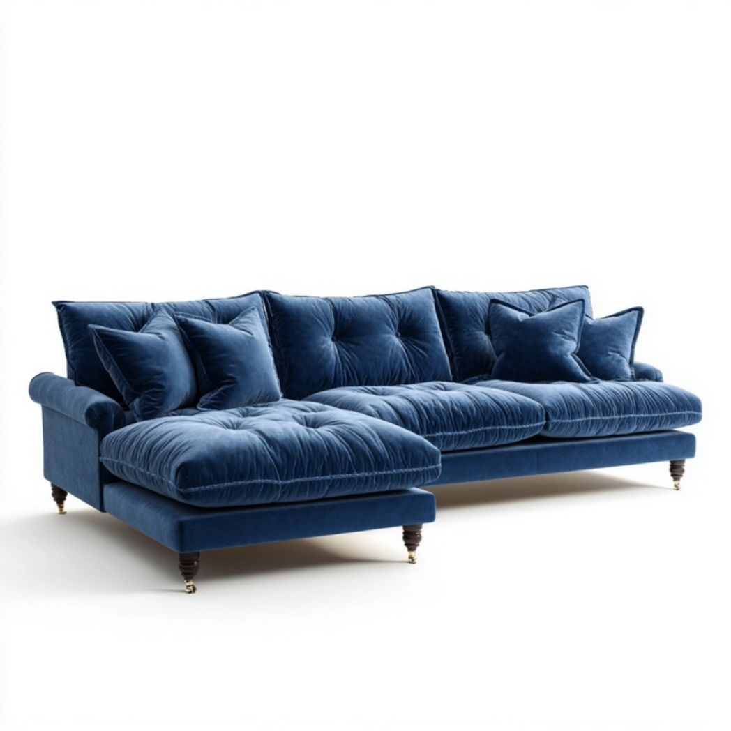 Canapé d’angle en velours bleu avec méridienne