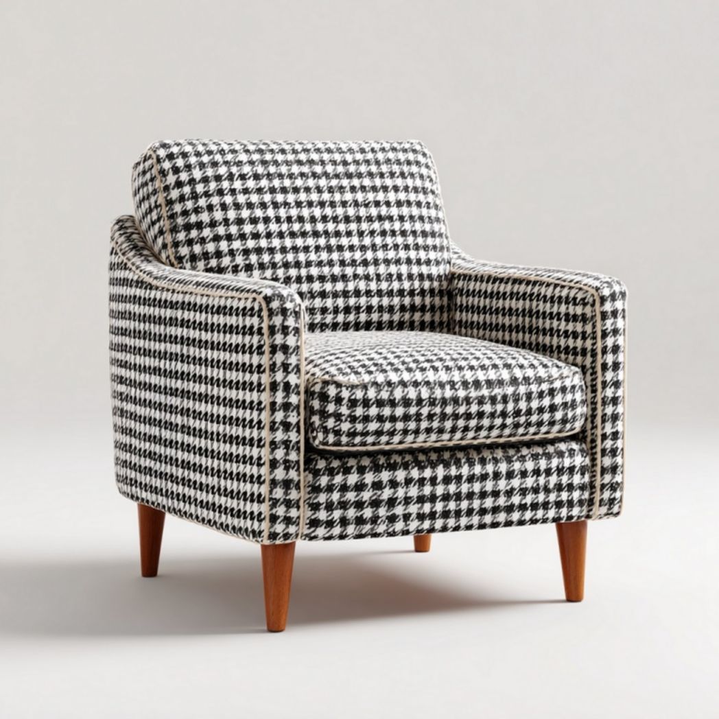 Fauteuil en tissu motif pied-de-poule avec pieds en bois