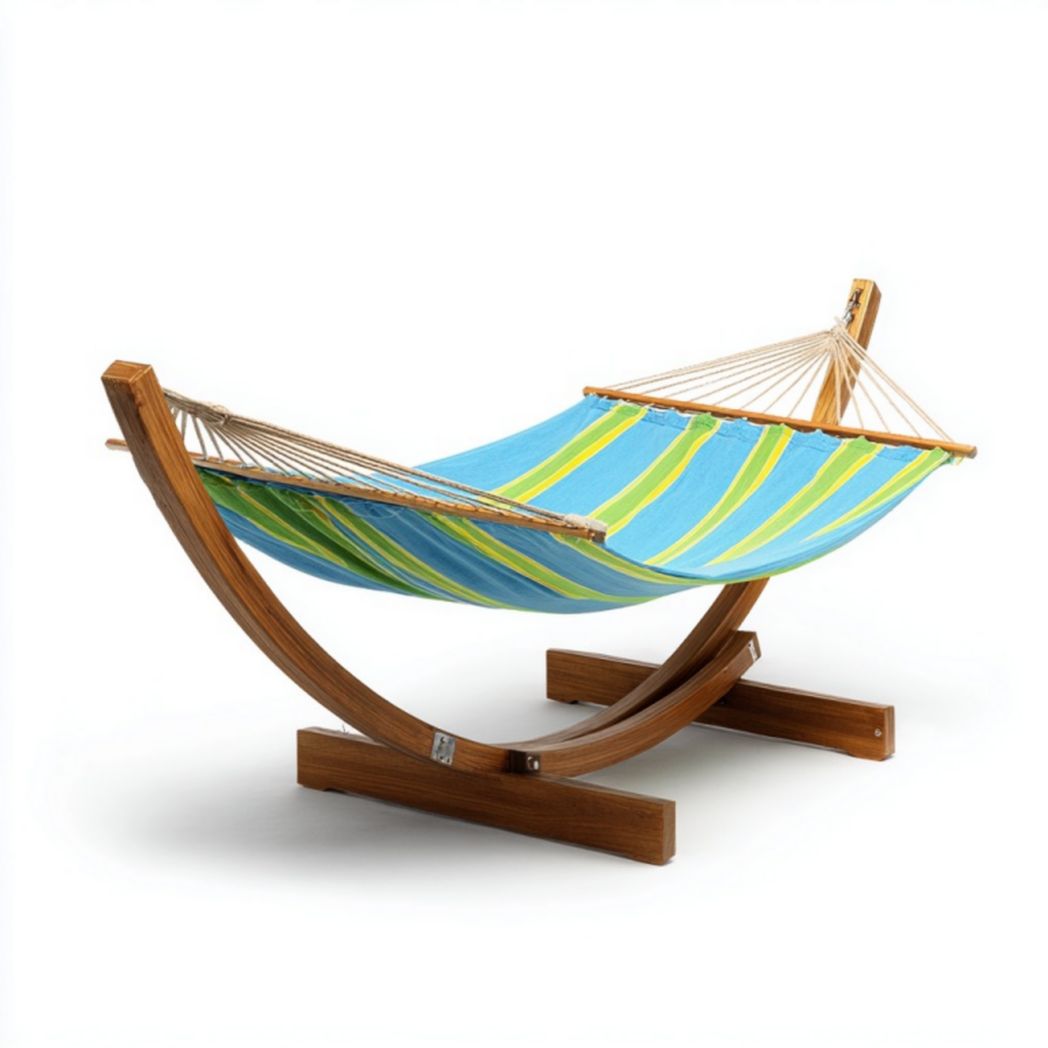 Hamac d’extérieur avec support en bois – Rayures bleu et vert