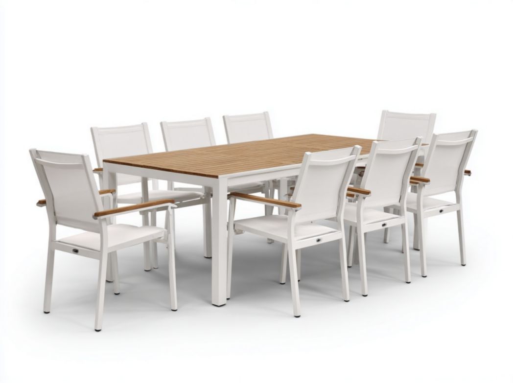 Ensemble de salle à manger de jardin en aluminium et bois – 1 table et 8 chaises