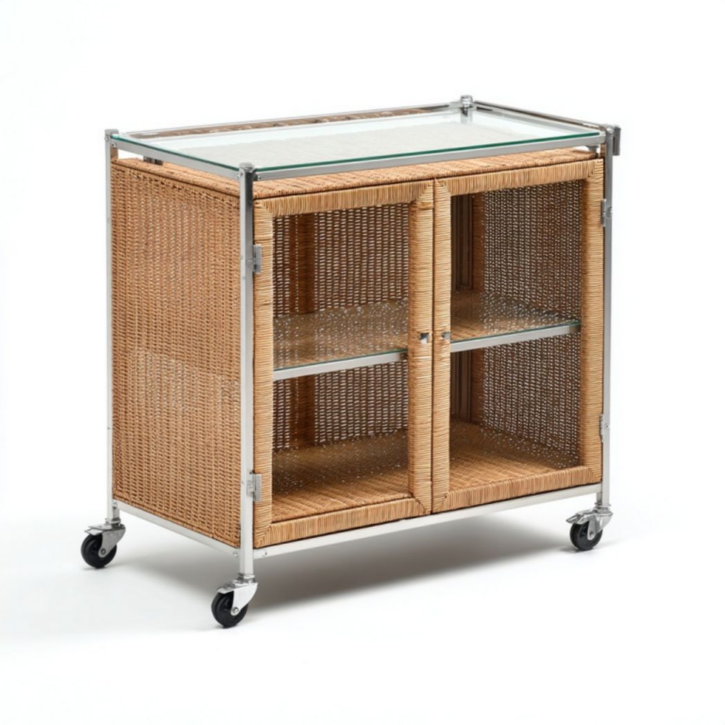 Chariot de jardin en rotin avec plateau en verre trempé