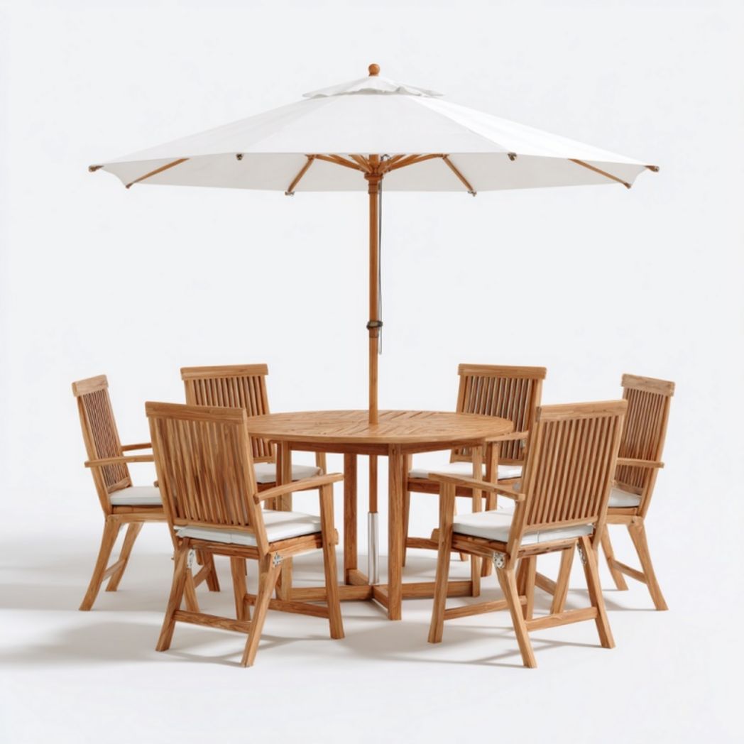 Ensemble table ronde en teck avec 6 chaises et parasol