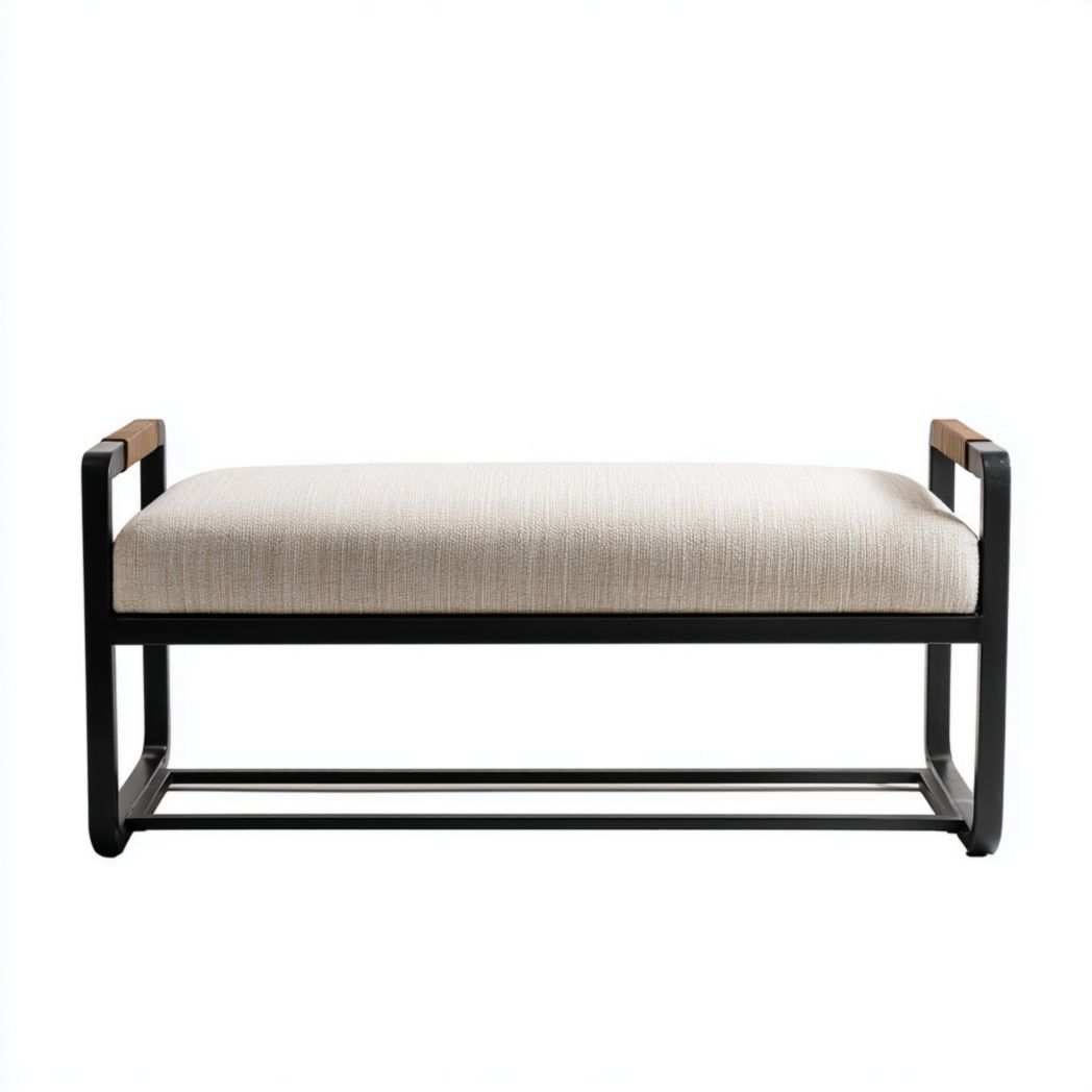 Banc moderne avec cadre en métal et assise rembourrée en tissu