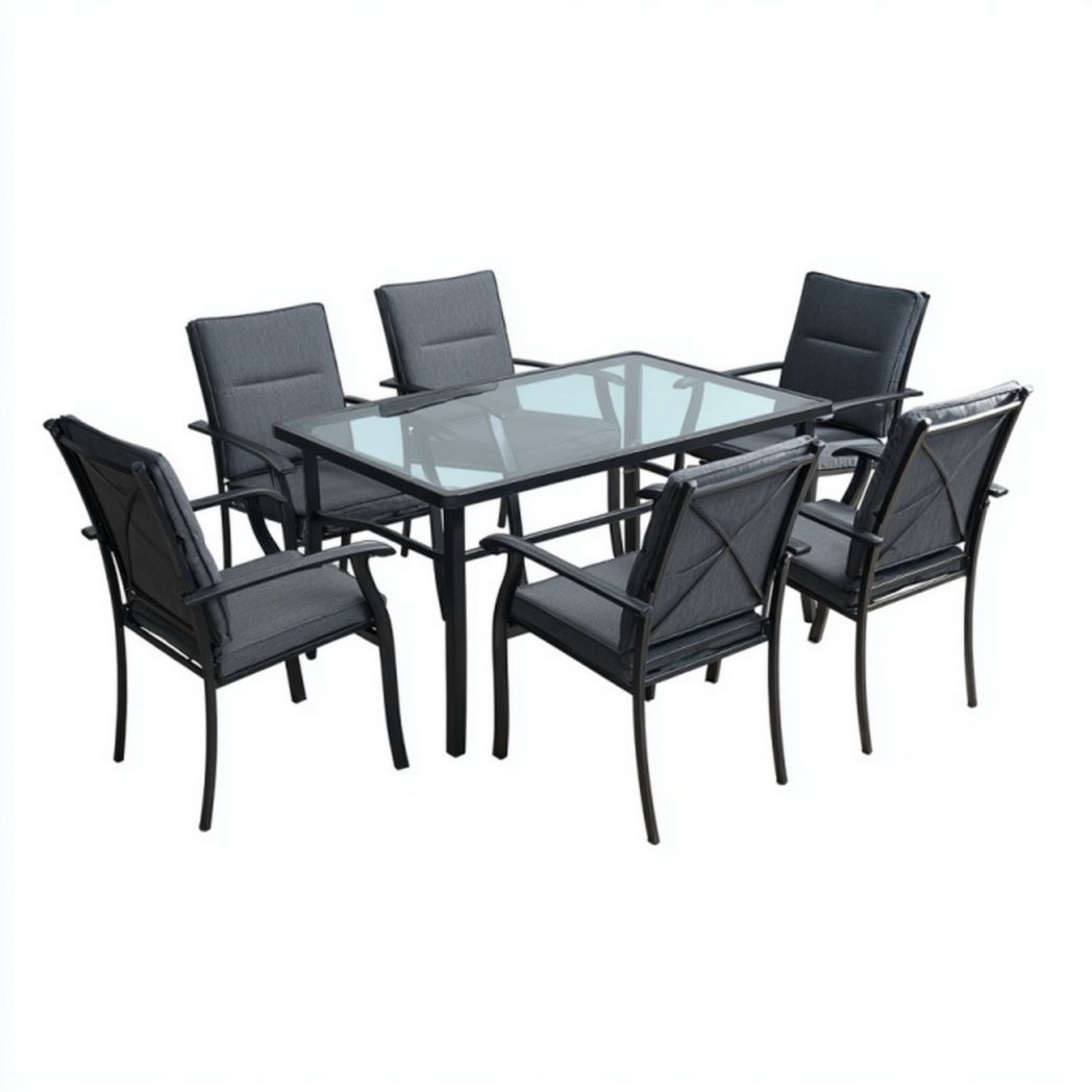 Ensemble table de jardin en aluminium avec plateau en verre et 6 fauteuils avec coussins