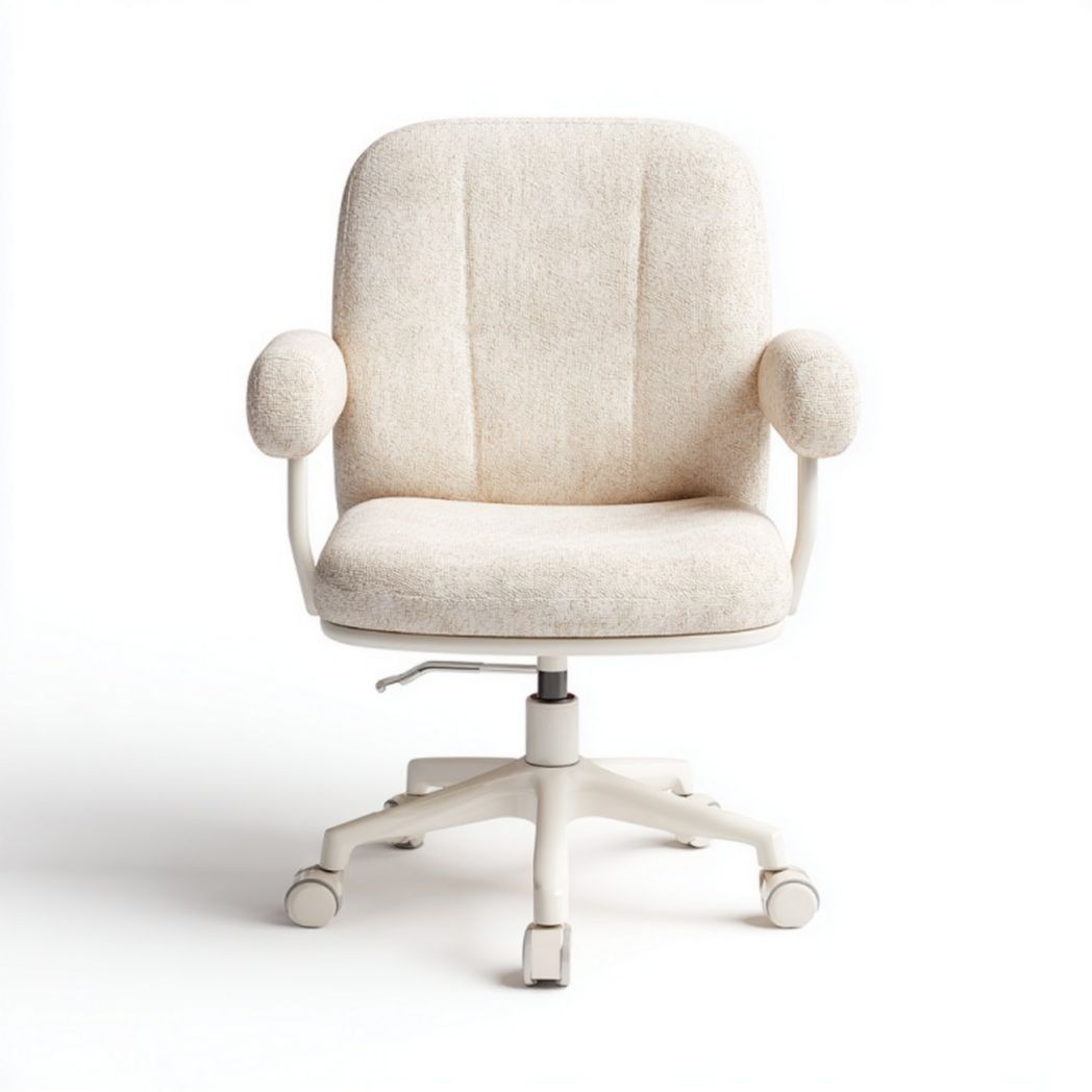 Fauteuil de bureau pivotant en tissu beige – accoudoirs et hauteur réglable – base blanche