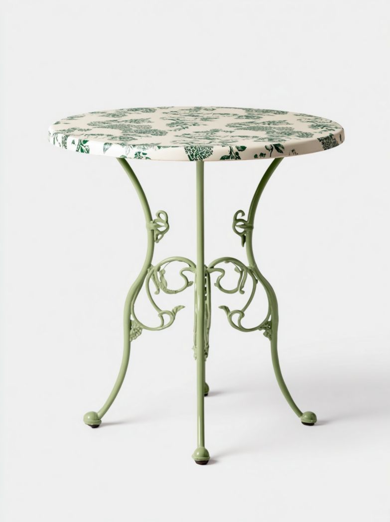 Table de jardin ronde avec pied en métal vert et plateau à motif