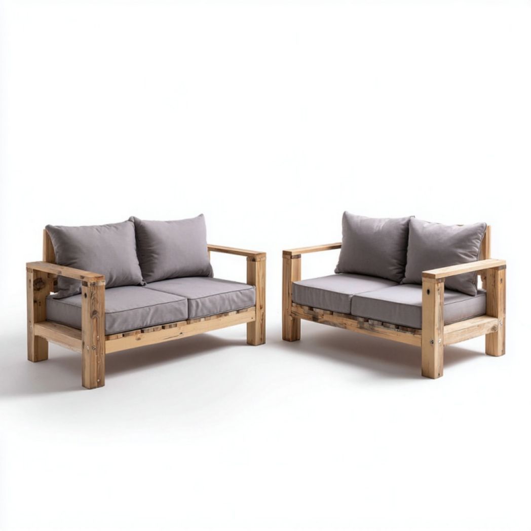 Ensemble de deux canapés de jardin deux places en bois avec coussins gris
