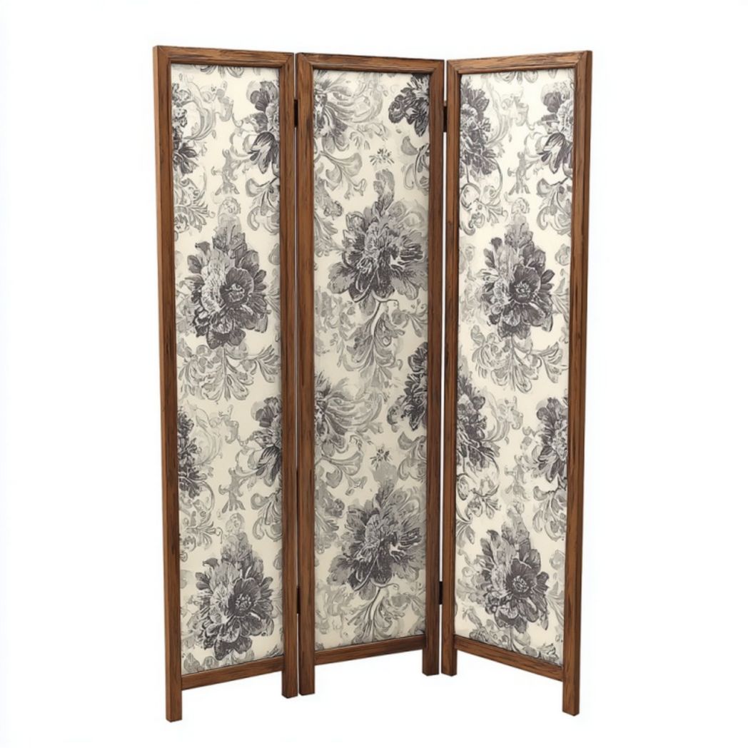 Paravent 3 panneaux en bois avec tissu imprimé floral, fond beige et motifs gris-noir
