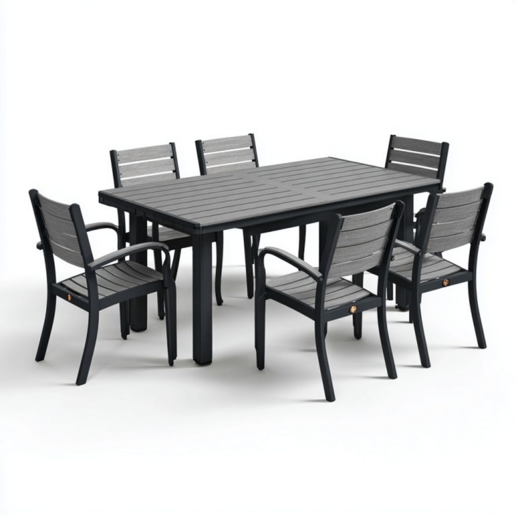 Ensemble table et chaises de jardin en aluminium et bois composite – 1 table et 6 fauteuils