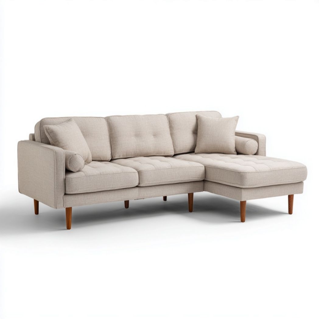 Canapé d’angle en tissu beige avec méridienne