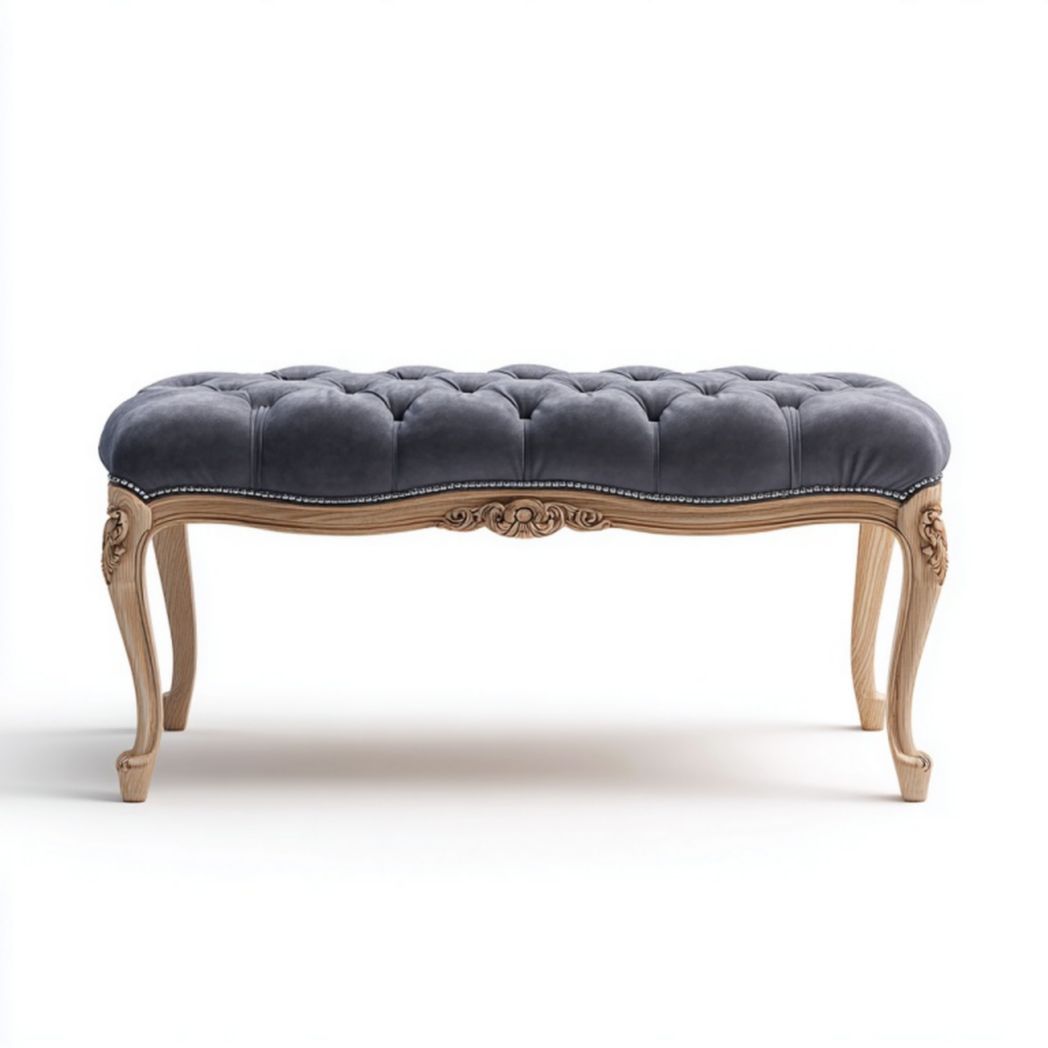 Banc en velours gris avec pieds sculptés en bois