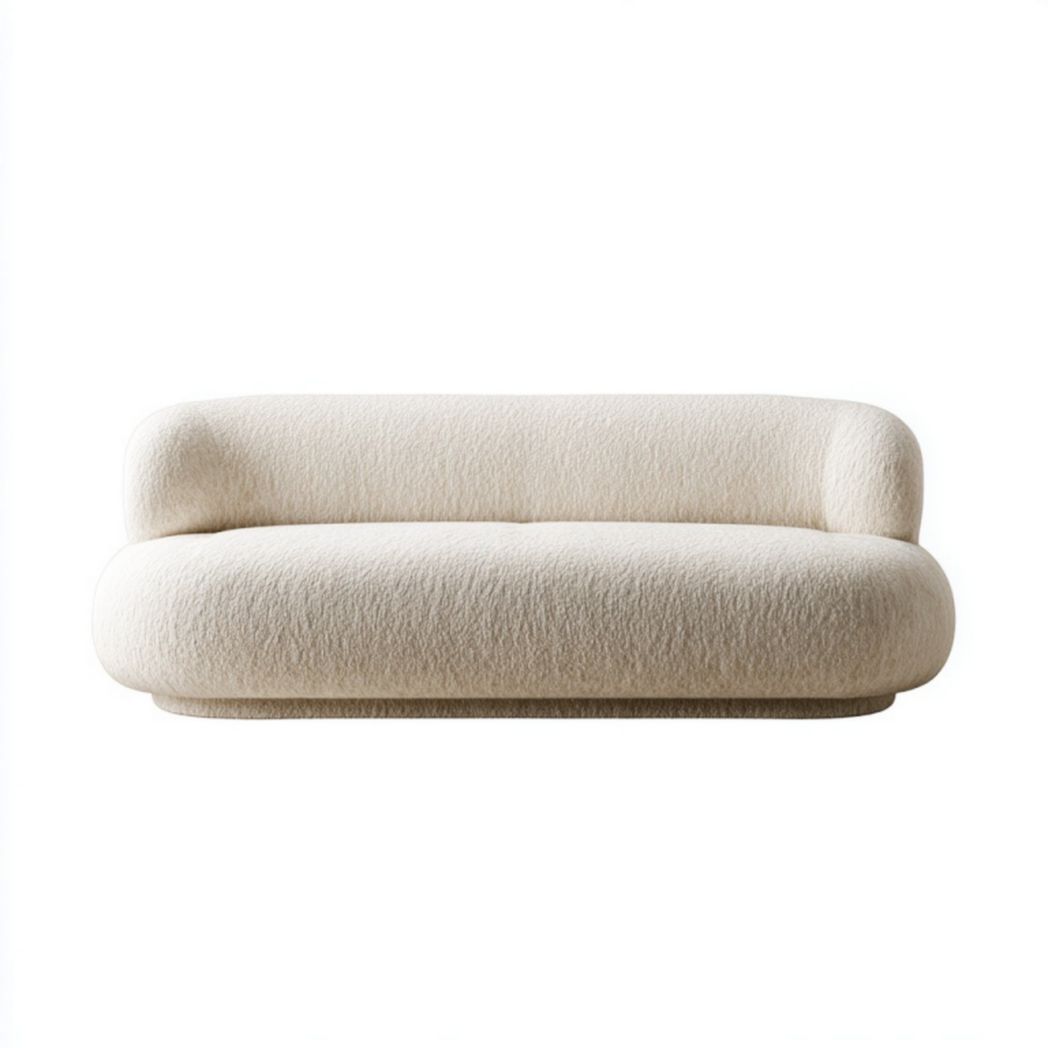 Canapé banc trois places en tissu bouclette blanc cassé
