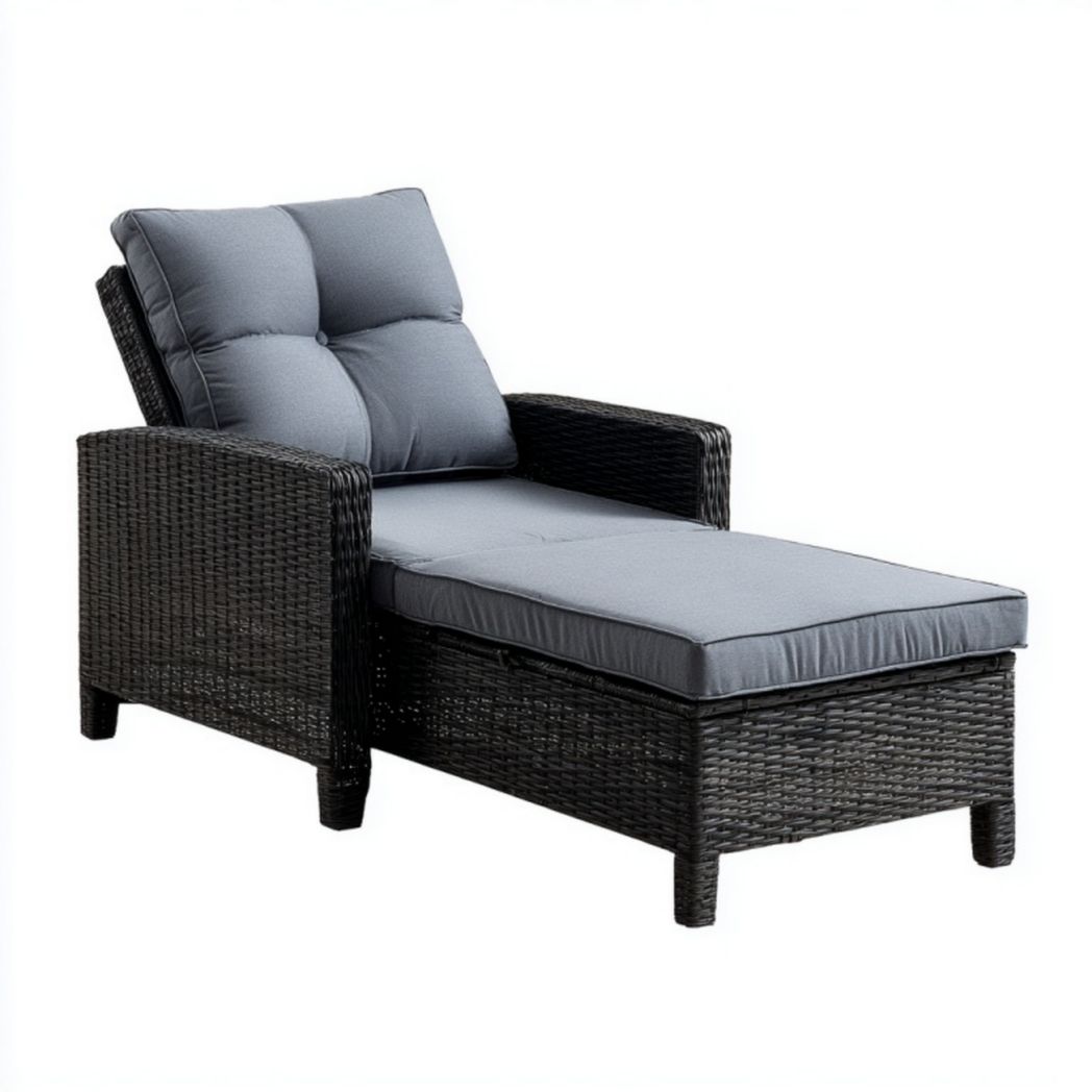 Chaise longue d'extérieur en rotin synthétique noir avec coussins gris