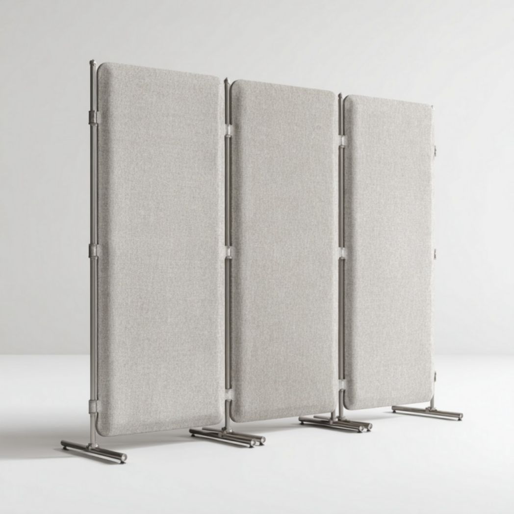 Paravent 3 panneaux avec cadre en métal et revêtement en tissu gris clair