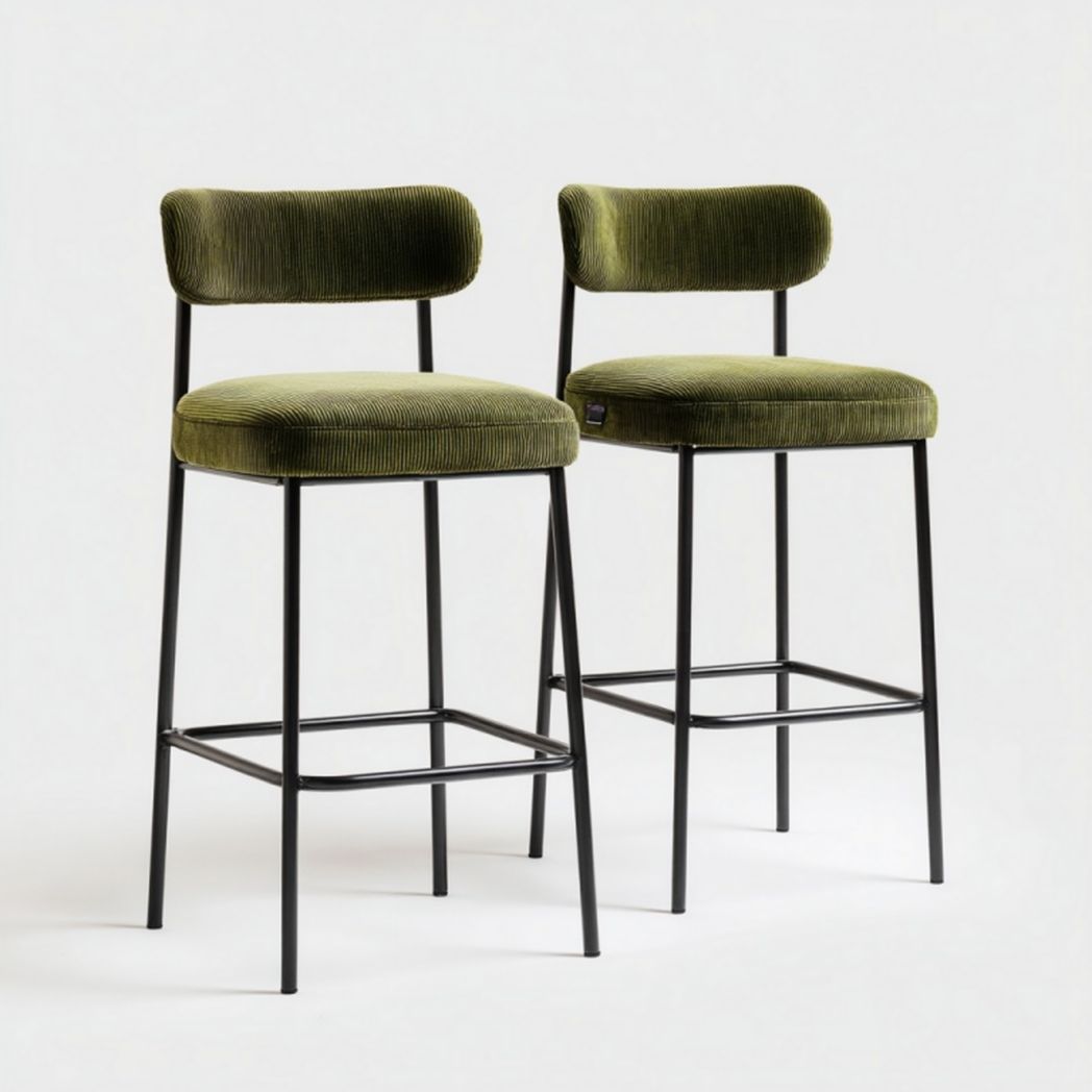 Lot de 2 tabourets de bar avec dossier en velours côtelé vert