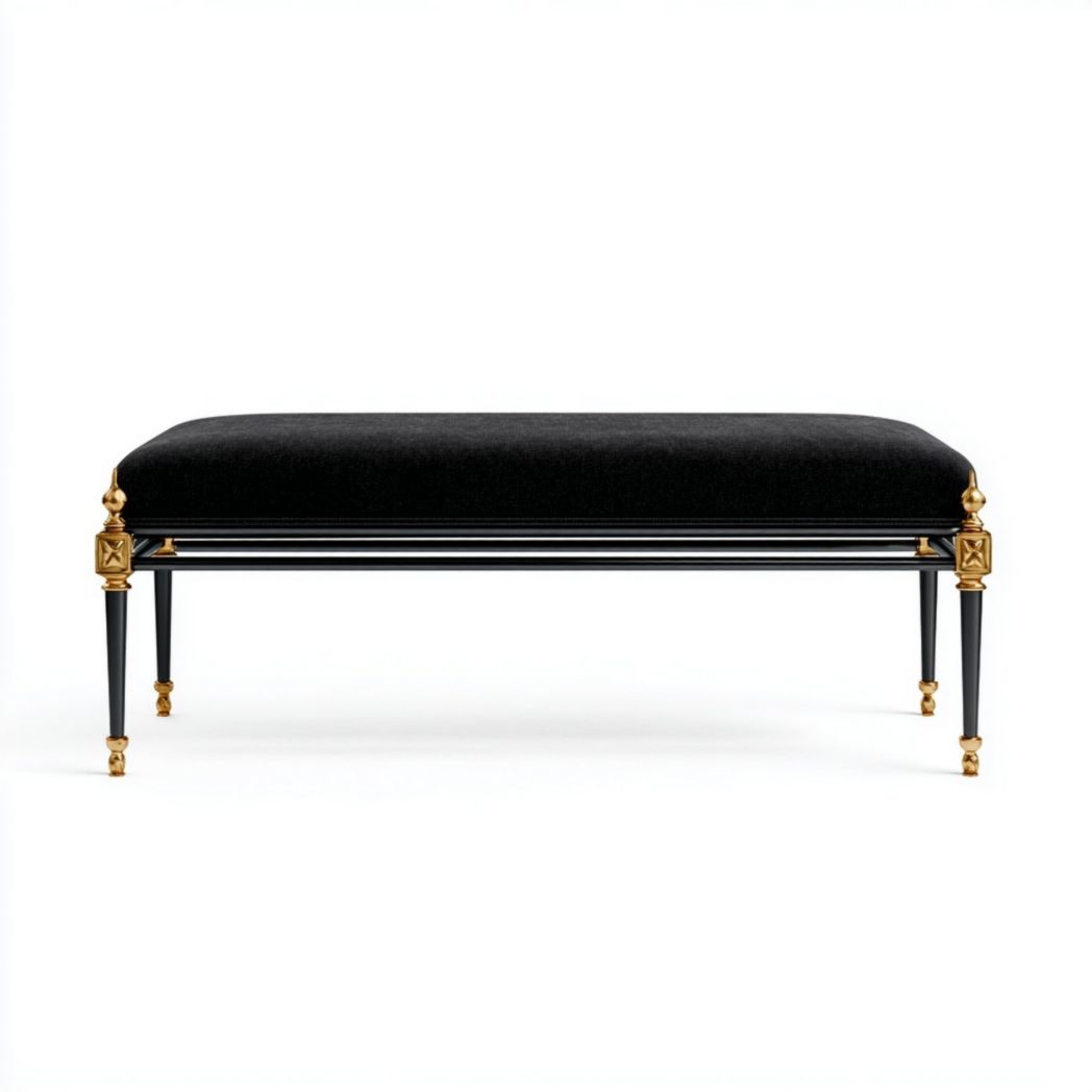 Banc en métal et tissu avec détails dorés