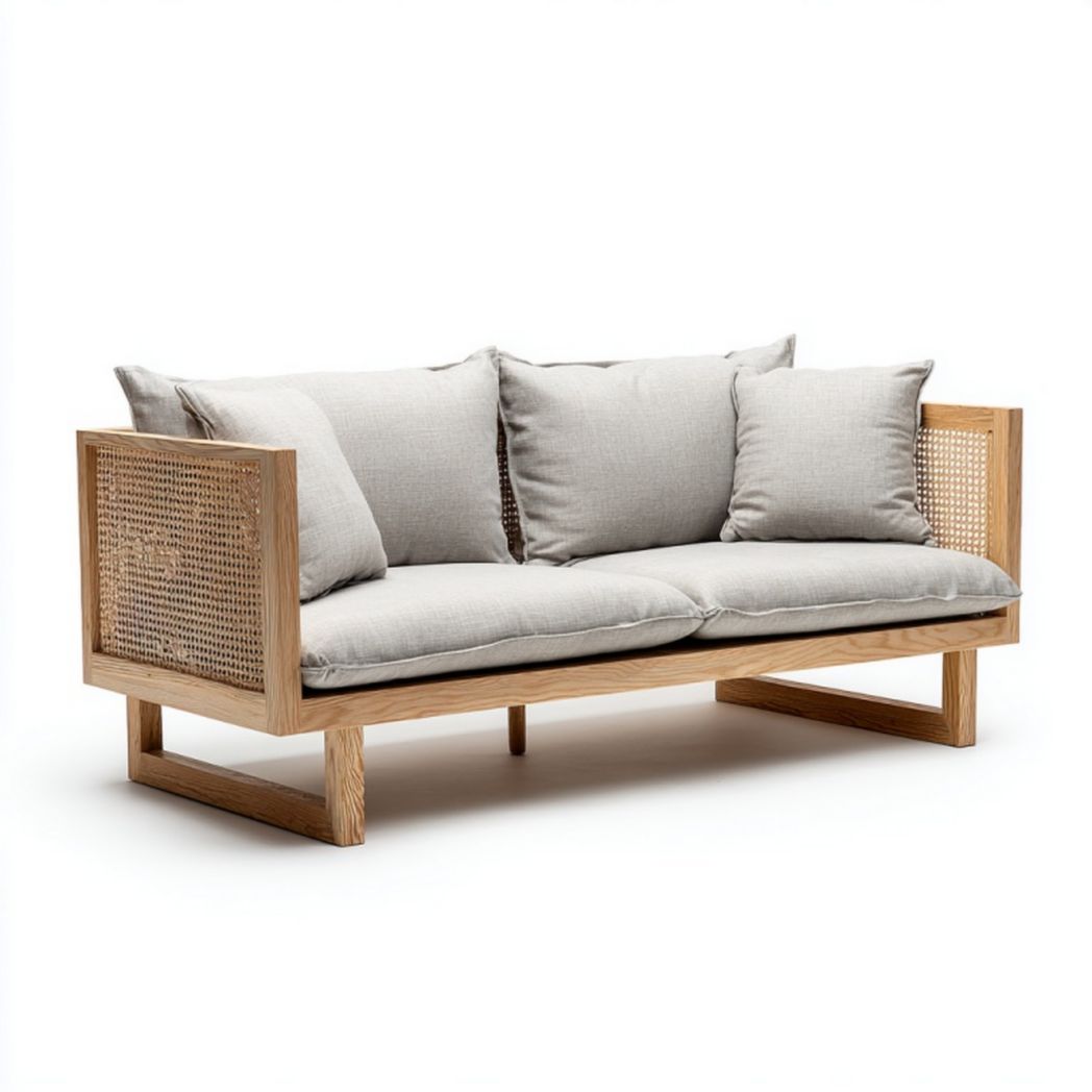Canapé de jardin trois places en bois et rotin avec coussins gris clair