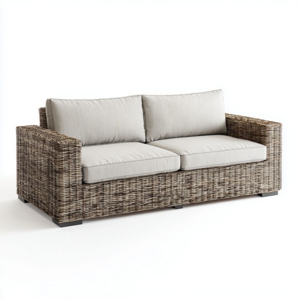 Canapé de jardin deux places en résine tressée avec coussins beige