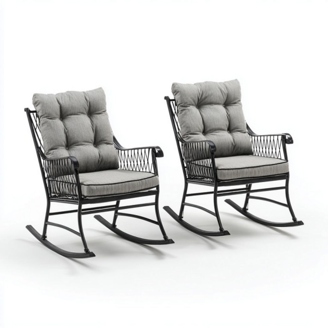 Lot de 2 fauteuils à bascule en métal avec coussins gris