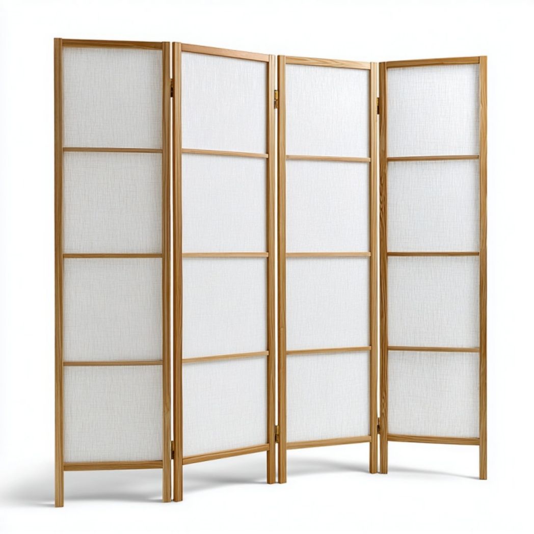 Paravent 4 panneaux en bois avec toile blanche, coloris bois naturel