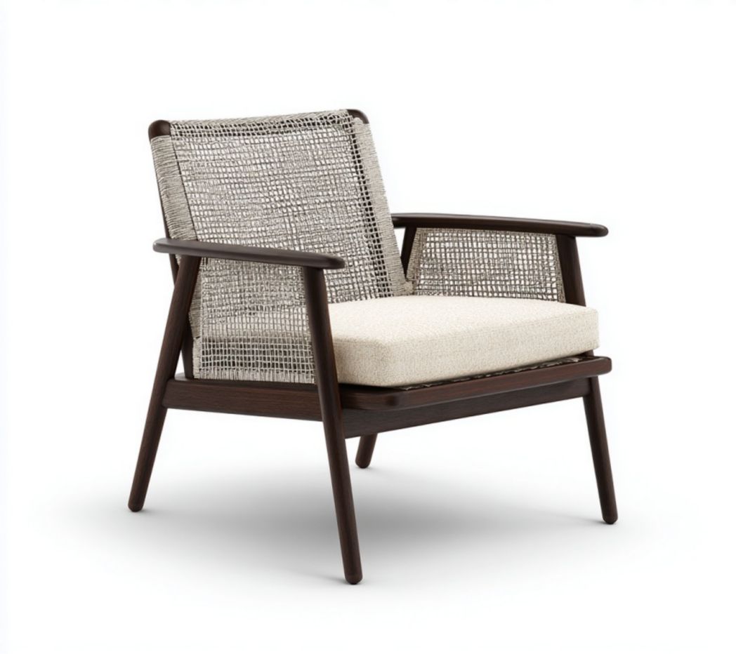 Fauteuil de détente en bois foncé avec dossier en maille et coussin beige