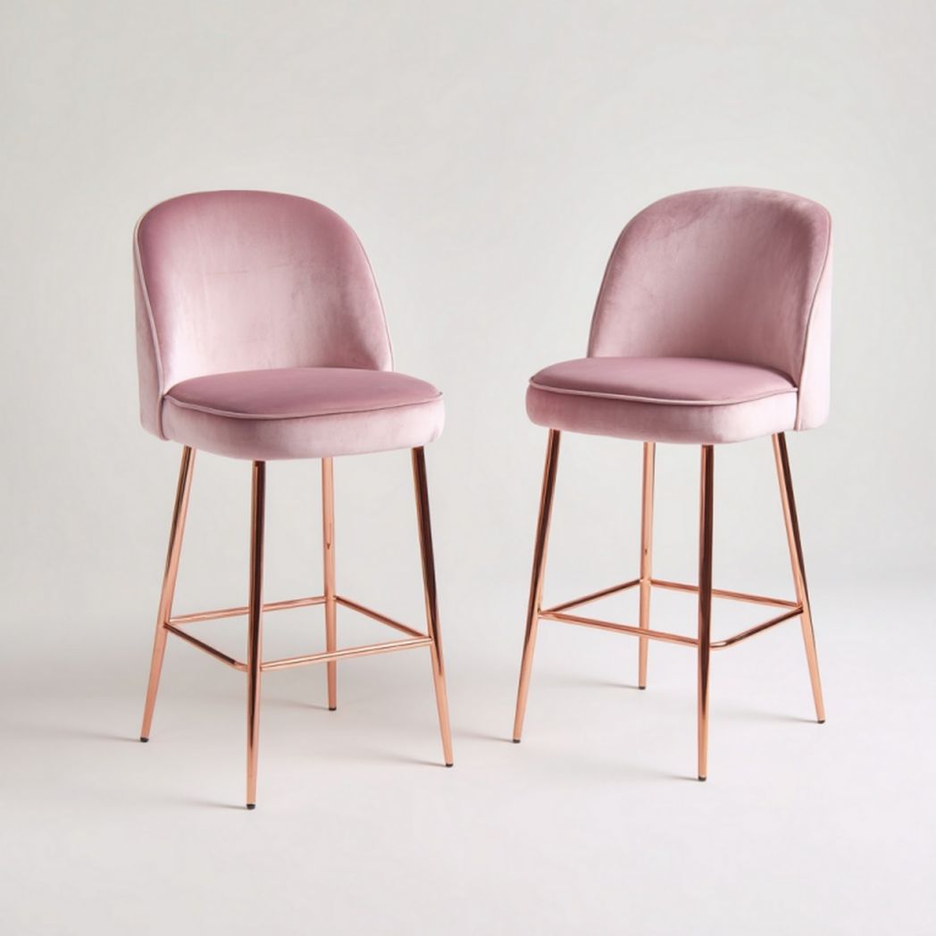 Lot de 2 chaises de bar hautes en velours rose et métal doré rosé